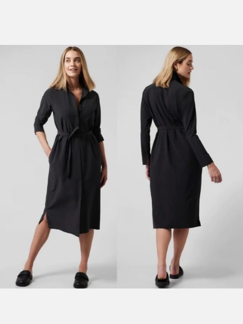Athleta Urbanite Dress Black Midi Shirt Dress Tall Large modest athleisure shift